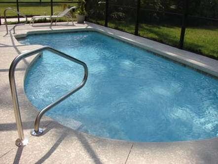 Picture of small swimming pool with silver handrail.  There is a black fence in the background with green behind it. The flooring is concrete.